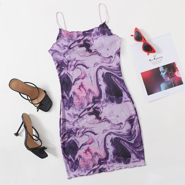 

Lettuce Trim Marble Print Bodycon Dress, Purple