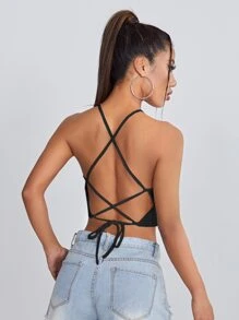 SHEIN EZwear 繫帶露背羅紋針織吊帶上衣 - 黑色 - 查看 2