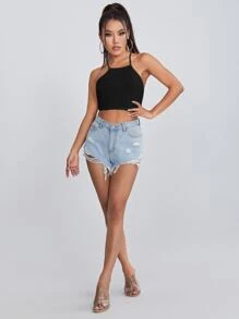 SHEIN EZwear 繫帶露背羅紋針織吊帶上衣 - 黑色 - 查看 3