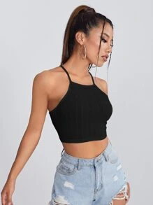 SHEIN EZwear 繫帶露背羅紋針織吊帶上衣 - 黑色 - 查看 4