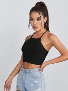 SHEIN EZwear 繫帶露背羅紋針織吊帶上衣 - 黑色 - 查看 5