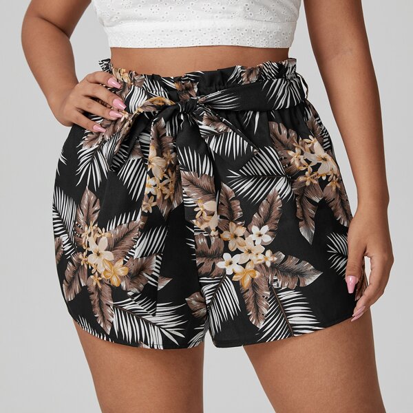 

Plus Tropical Print Belted Shorts, Multicolor