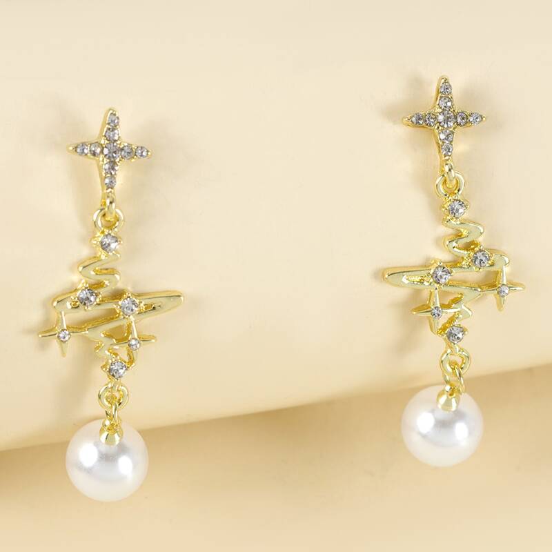 

Rhinestone & Faux Pearl Drop Earrings, Gold
