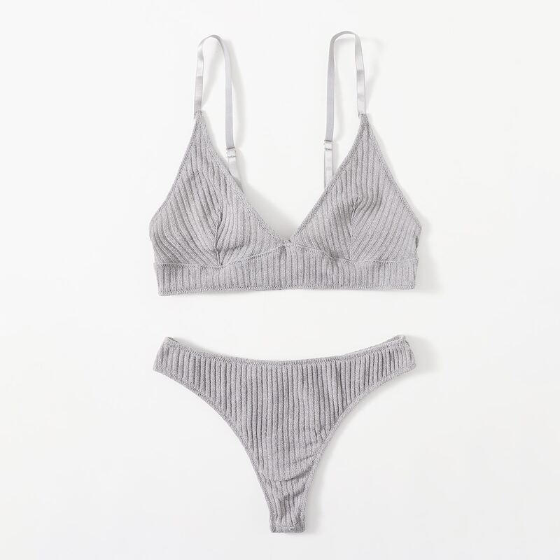 

Solid Rib Lingerie Set, Grey