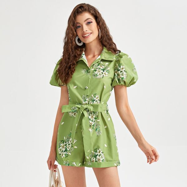 

Puff Sleeve Single Breasted Belted Floral Romper, Green