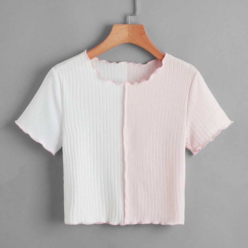 

Two Tone Lettuce Trim Ribbed Tee, Multicolor
