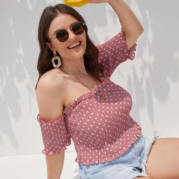 

Plus Off Shoulder Polka Dot Shirred Top, Dusty pink
