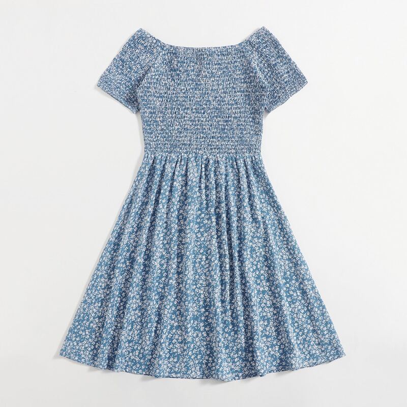

Ditsy Floral Shirred Dress, Blue