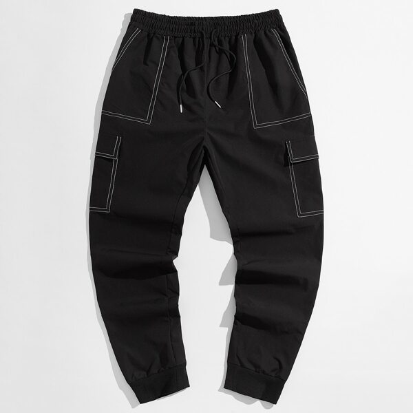 

Men Topstitching Drawstring Waist Pants, Black
