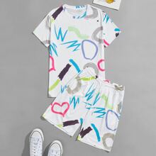 Guys Letter & Heart Print Tee With Shorts