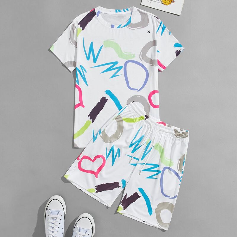

Guys Letter & Heart Print Tee With Shorts, White