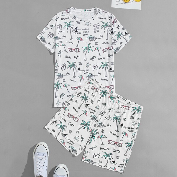 

Men Palm Tree & Letter Graphic Tee With Shorts, White