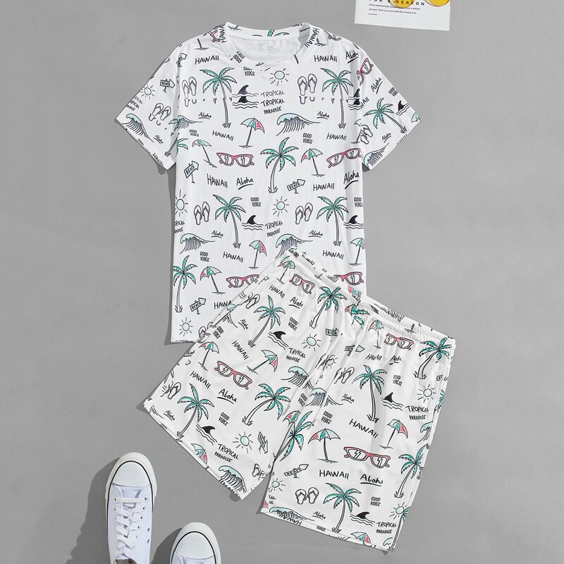 

Guys Palm Tree & Letter Graphic Tee With Shorts, White