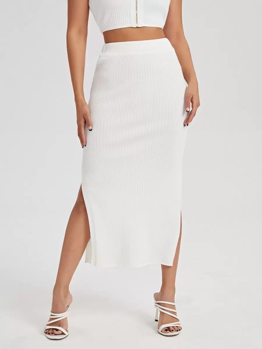 SHEIN Essnce Split Thigh Knit Skirt - White - View 1