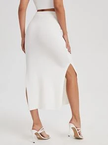 SHEIN Essnce Split Thigh Knit Skirt - White - View 2