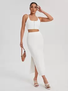 SHEIN Essnce Split Thigh Knit Skirt - White - View 3