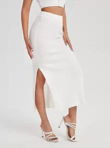 SHEIN Essnce Split Thigh Knit Skirt - White - View 4