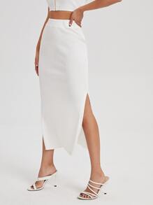 SHEIN Essnce Split Thigh Knit Skirt - White - View 5