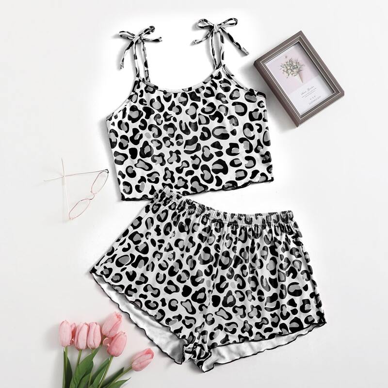 

Allover Print Tie Shoulder Cami Pajama Set, Multicolor