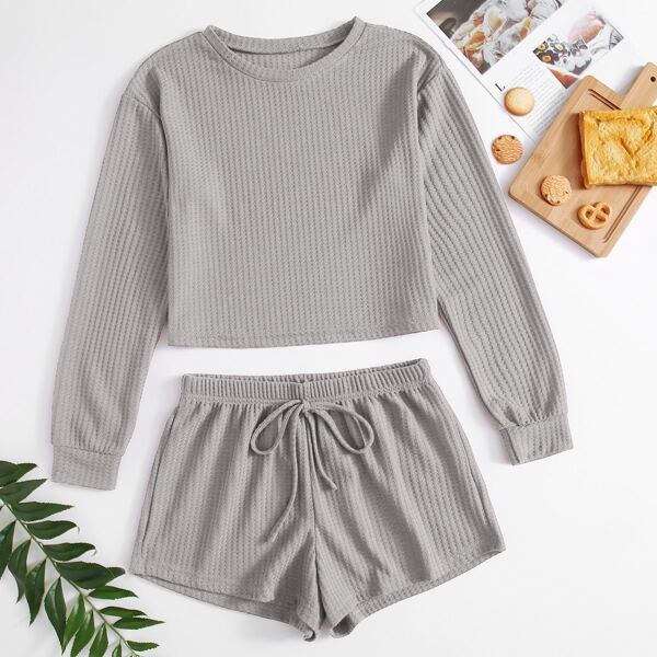 

Solid Tee With Knot Shorts Lounge Set, Light grey