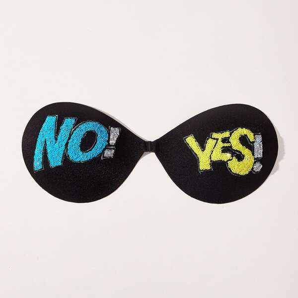 

Plus Sequin Letter Patched Self Adhesive Bra, Black