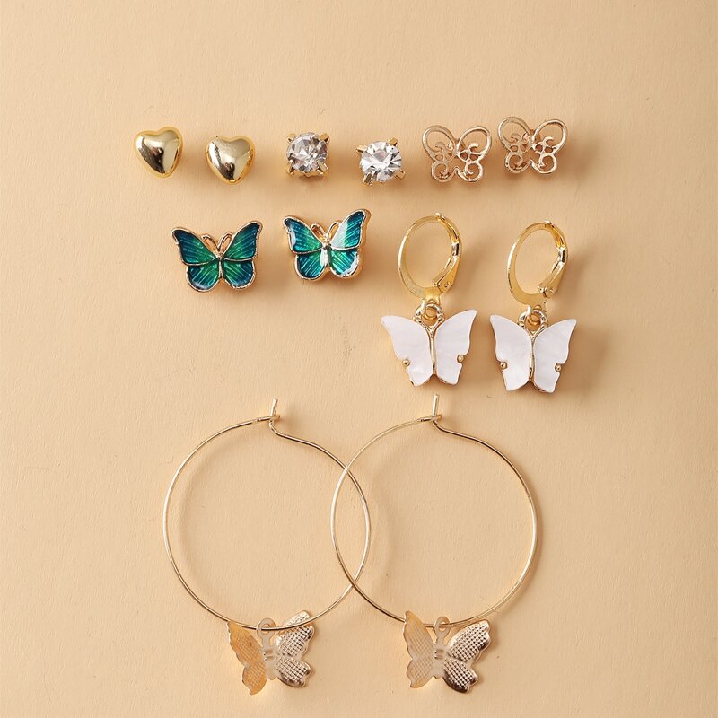 

6pairs Butterfly & Heart Decor Earrings Set, Gold