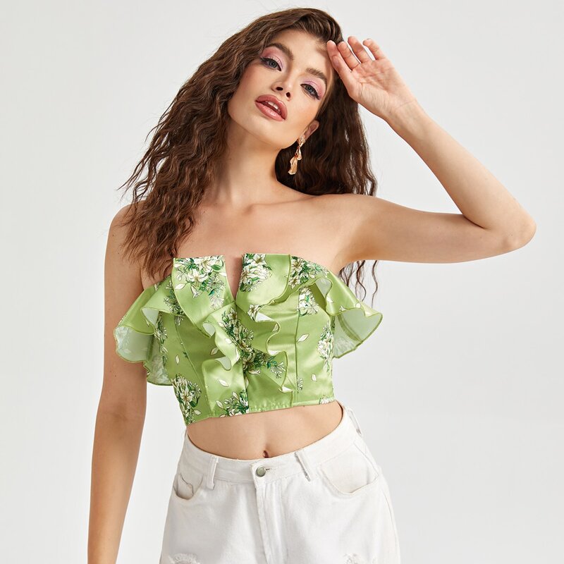 

Ruffle Trim Floral Tube Top, Lime green