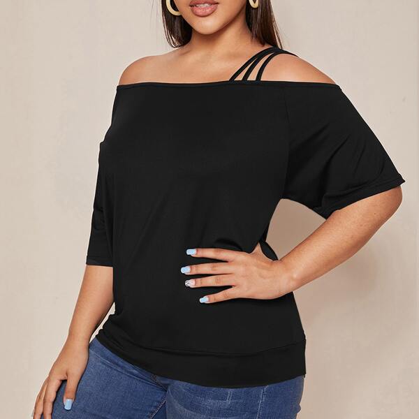 

Plus Solid Asymmetrical Neck Tee, Black