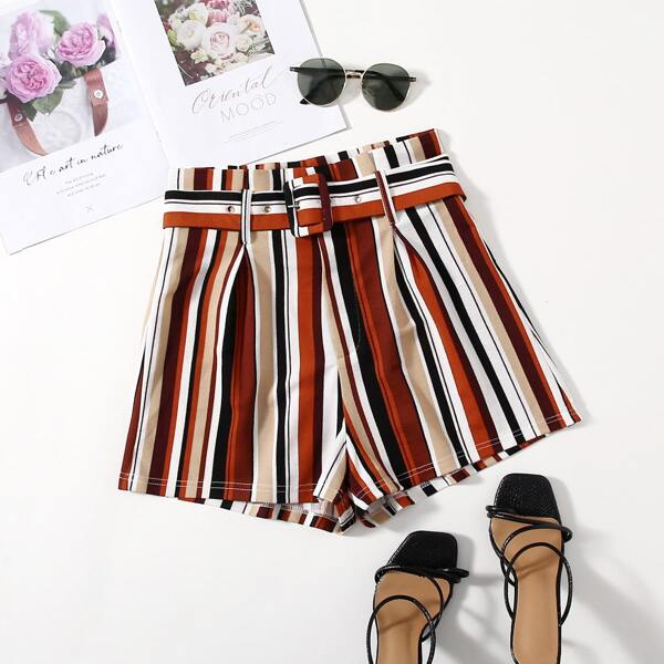

Buckle Belted Striped Shorts, Multicolor