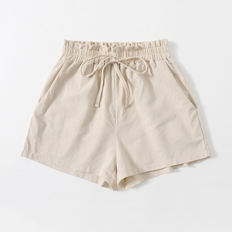 

Solid Paperbag Waist Shorts, Beige