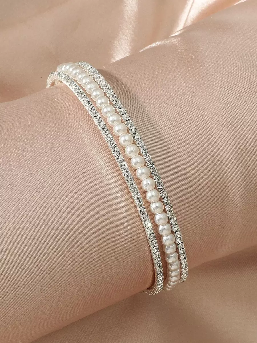 Đồ trang trí Rhinestone & Faux Pearl  Vòng tay - Bạc - Xem 1