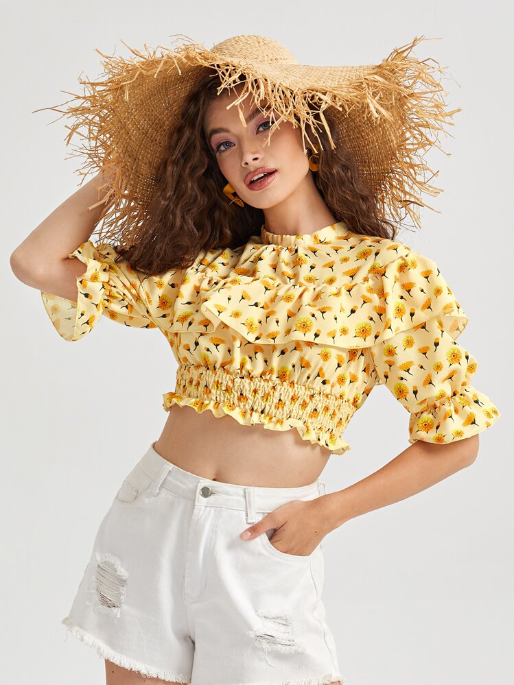 SHEIN VCAY Bell Sleeve Tie Back Shirred Panel Floral Top - Multicolor - View 1