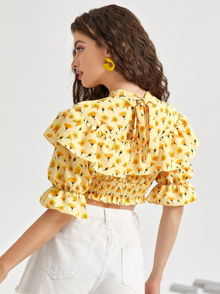 SHEIN VCAY Bell Sleeve Tie Back Shirred Panel Floral Top - Multicolor - View 2