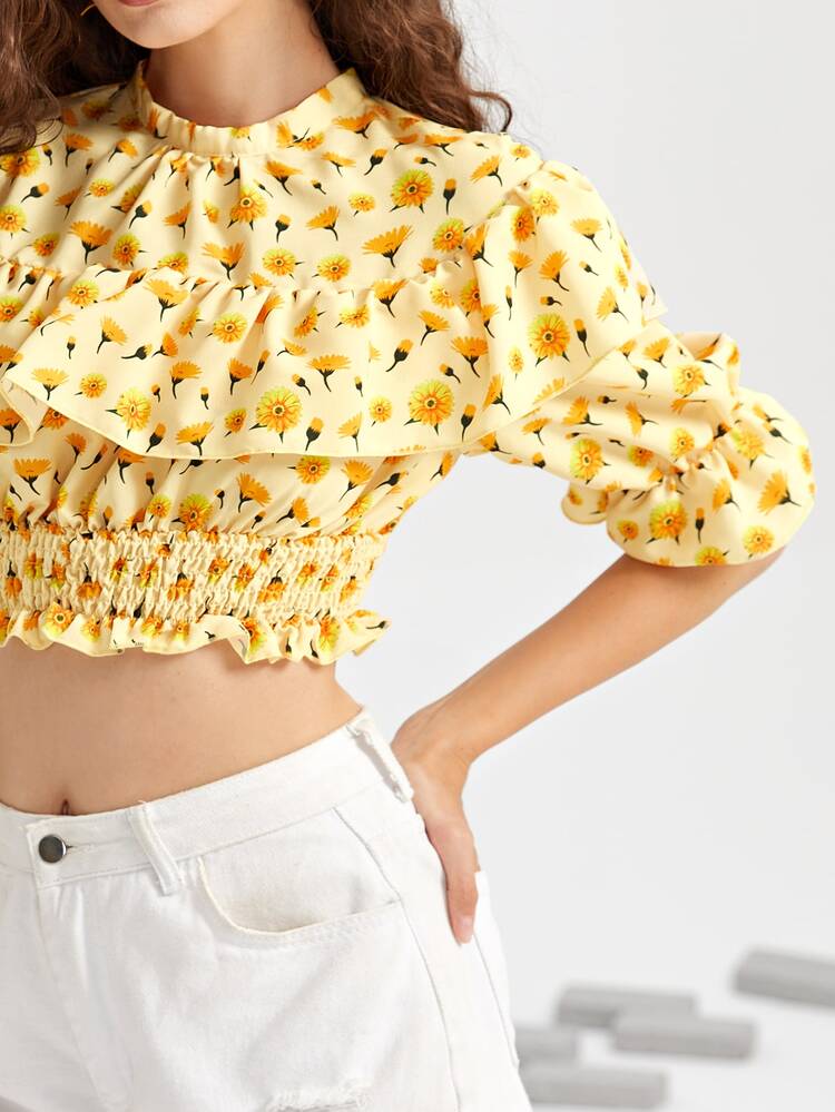 SHEIN VCAY Bell Sleeve Tie Back Shirred Panel Floral Top - Multicolor - View 4