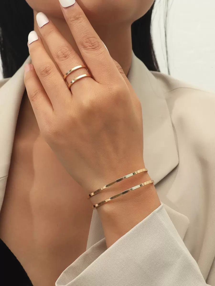 Hollow Out Cuff Bangle & Ring - Yellow Gold - View 1