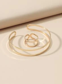 Hollow Out Cuff Bangle & Ring - Yellow Gold - View 2