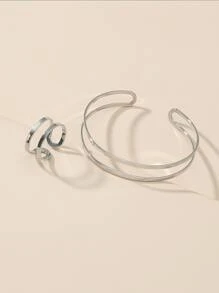 Hollow Out Cuff Bangle & Ring - Silver - View 2