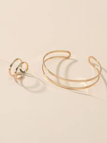 Hollow Out Cuff Bangle & Ring - Yellow Gold - View 3