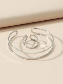 Hollow Out Cuff Bangle & Ring - Silver - View 3