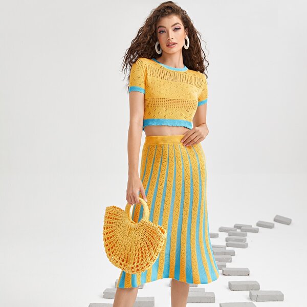 

Colorblock Knit Top & Skirt Set, Yellow