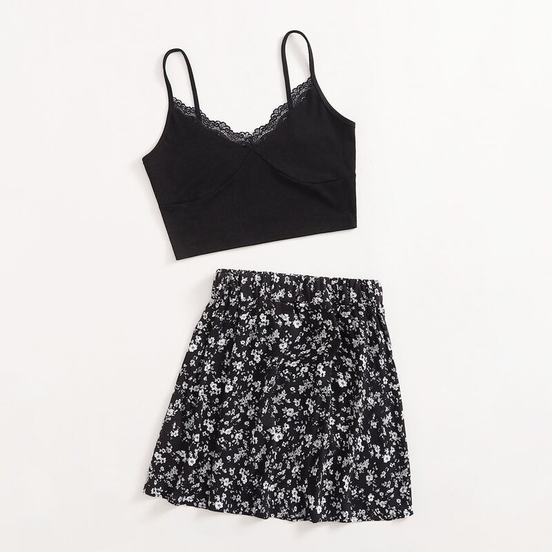 

Contrast Lace Crop Cami & Ditsy Flower Skirt, Black and white