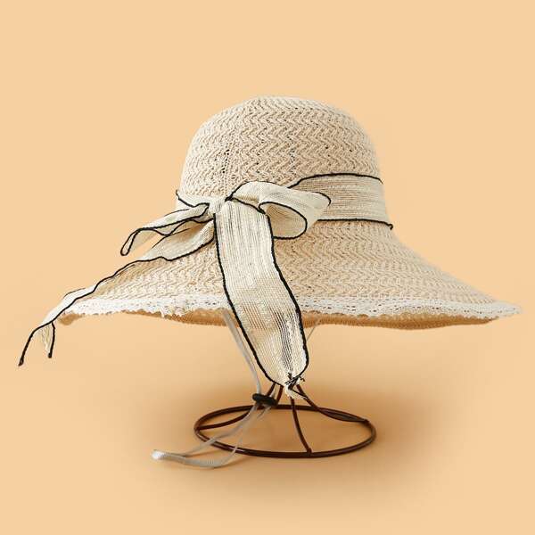 

Bow Tie Wide Brim Hat, Beige