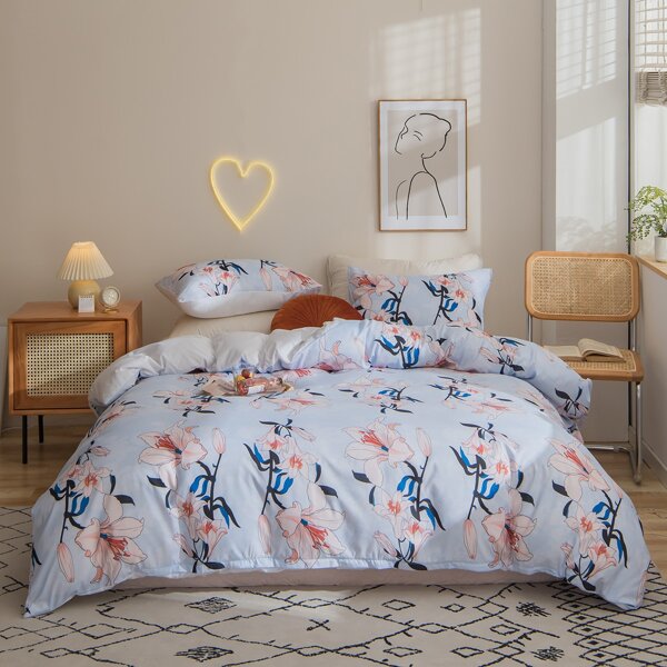 

Flower Print Duvet Cover Set Without Filler, Multicolor