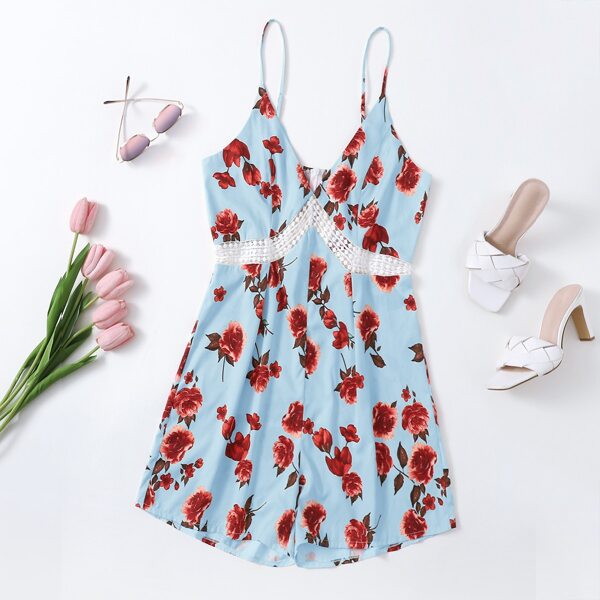 

Plus Floral Print Lace Panel Cami Romper, Blue