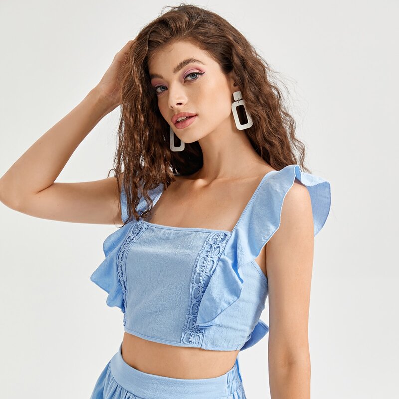 

Lace Detail Ruffle Trim Top, Baby blue