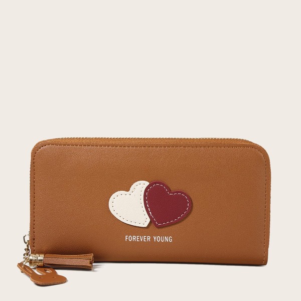 

Heart Appliques Zipper Around Purse, Brown