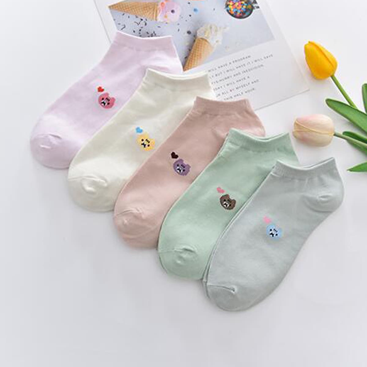 

5pairs Cartoon Bear Ankle Socks, Multicolor