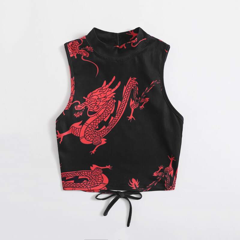

Chinese Dragon Backless Tank Top, Black