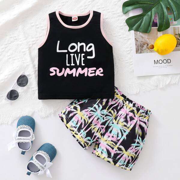 

Baby Boy Letter And Tropical Print Tank Top & Shorts, Multicolor