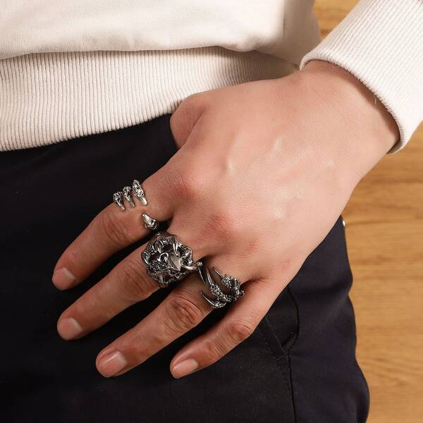 

3pcs Men Skull Detail Ring, Silver